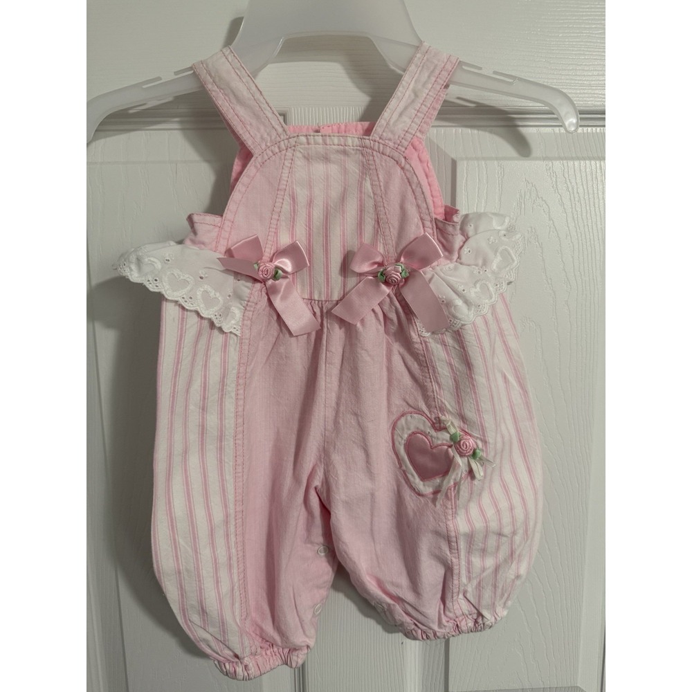 Vintage Baby Togs Pink Striped Bubble Romper 6-9M Coquette Ruffle Lace Hearts